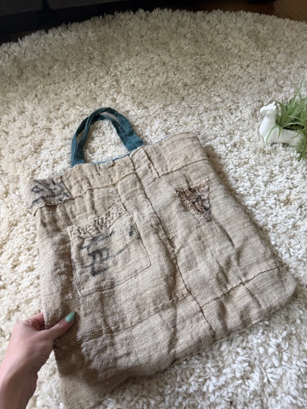 Casual Natural Beige Burlap Tote with Teal Handles trending potato vintage bag b